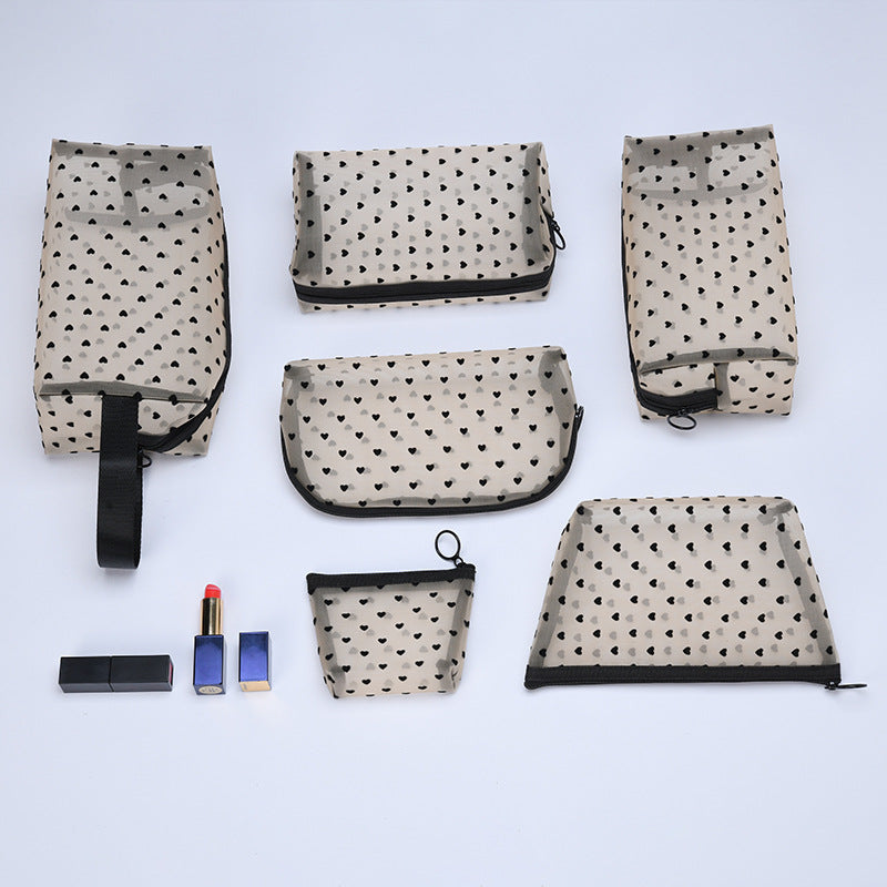 Ins Style Love Mesh Makeup Bag Transparent Portable Lipstick Storage Bag Girls' Travel Carry-on Makeup Storage Bag